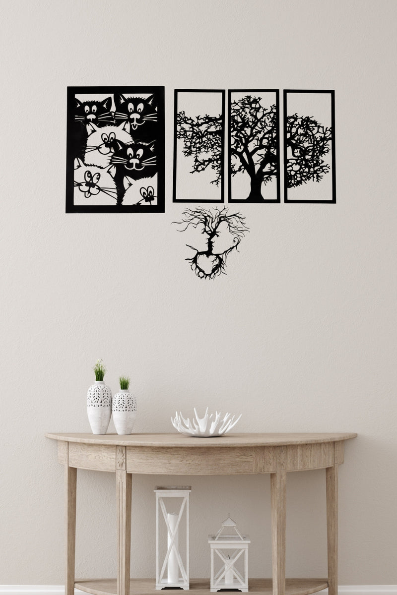 Ahşap Kedi ve Ağaç Temalı Duvar Tablosu 4’lü Set - Modern Minimalist Dekorasyon