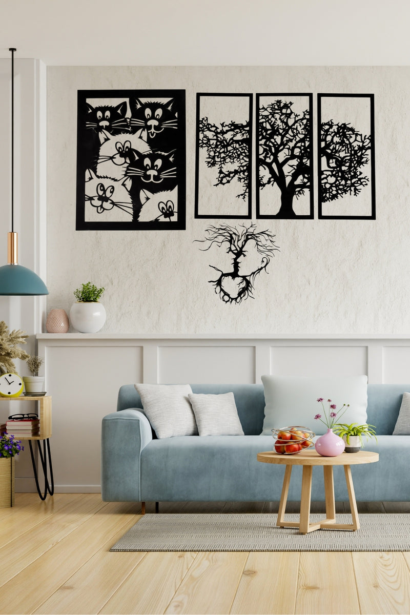 Ahşap Kedi ve Ağaç Temalı Duvar Tablosu 4’lü Set - Modern Minimalist Dekorasyon