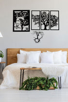 Ahşap Kedi ve Ağaç Temalı Duvar Tablosu 4’lü Set - Modern Minimalist Dekorasyon