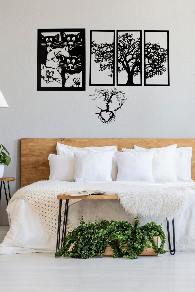 Ahşap Kedi ve Ağaç Temalı Duvar Tablosu 4’lü Set - Modern Minimalist Dekorasyon