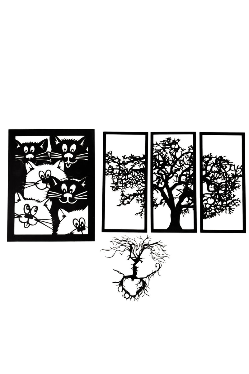 Ahşap Kedi ve Ağaç Temalı Duvar Tablosu 4’lü Set - Modern Minimalist Dekorasyon
