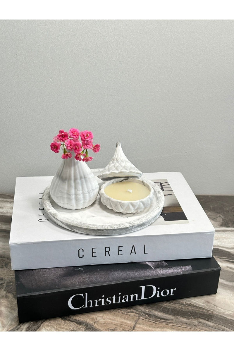 El Yapımı Doğal Taş Tozu Dekoratif Minimalist Yuvarlak Tepsili Vazo Ve Mum Seti ( Tepsi Dahil )