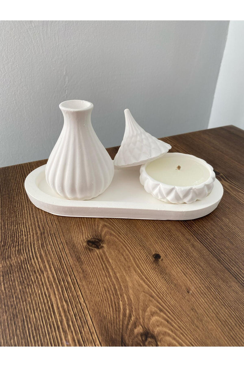 Vazo Minimalist Tasarım Düz Standlı Beyaz Vazo ve Kapaklı Mum Seti”(El Yapımı )